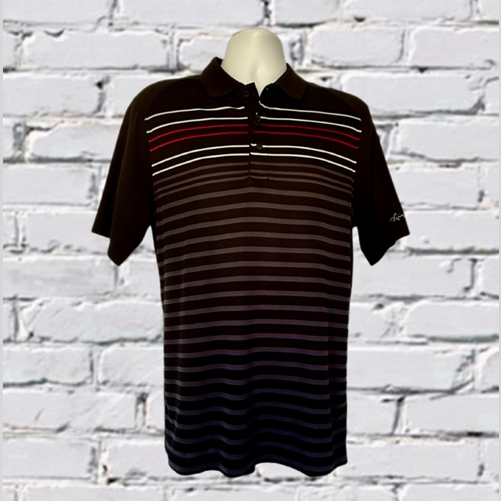Greg Norman for Tasso Elba Shark Polo Size Medium Black Striped PlayDry Slim Fit